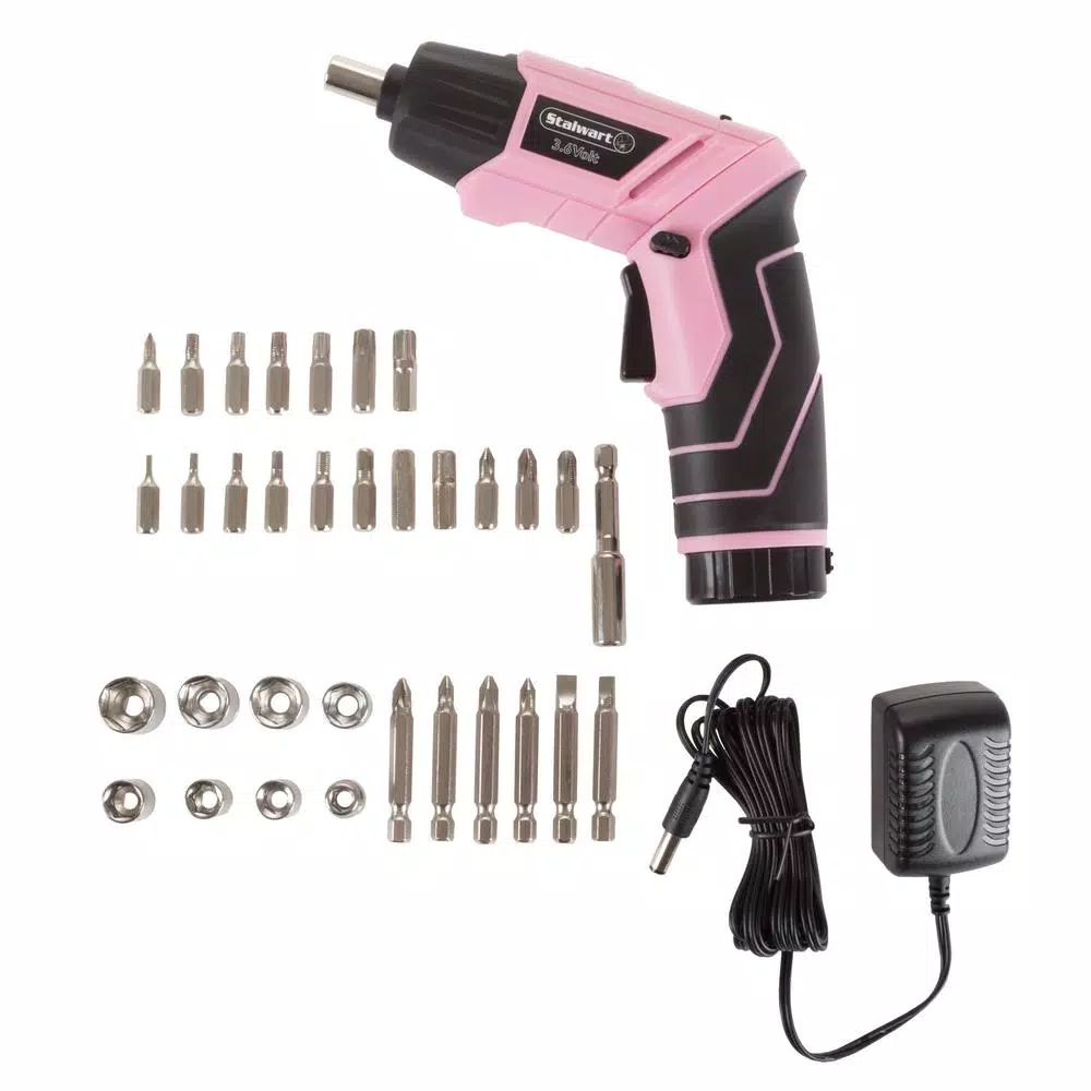 Stalwart 45-Piece Cordless Pivoting Screwdriver Set with 3.6V Lithium Battery and Carrying Case - Pink