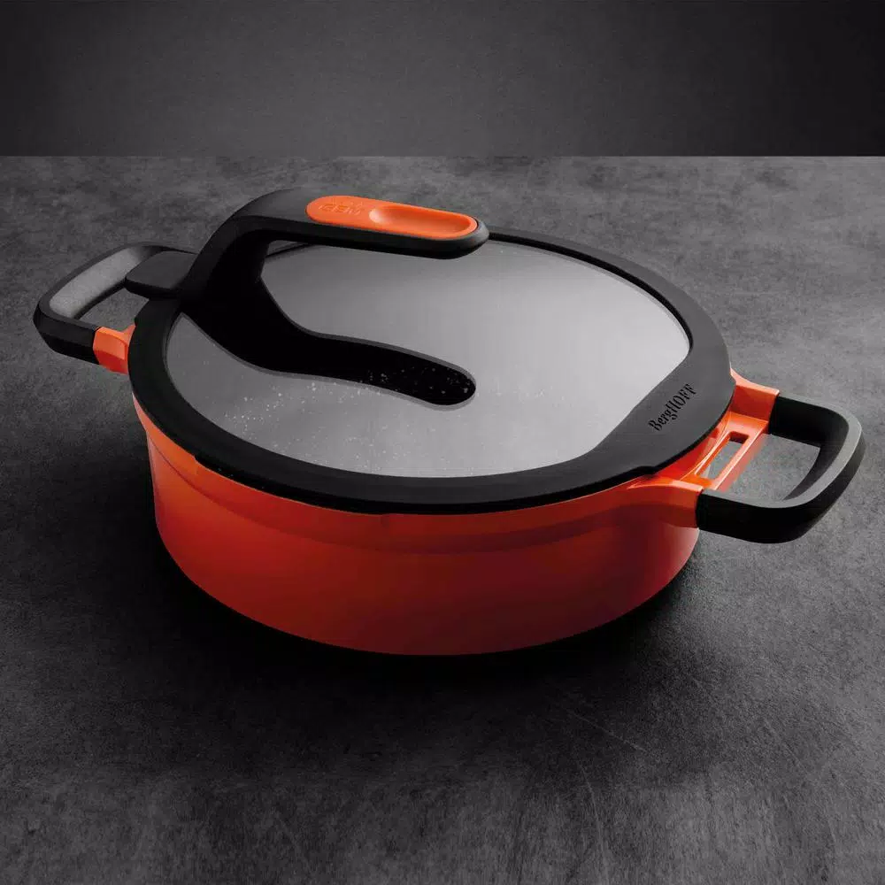 BergHOFF GEM Stay Cool 4.1 qt. Cast Aluminum Nonstick Saute Pan with Glass Lid, Orange