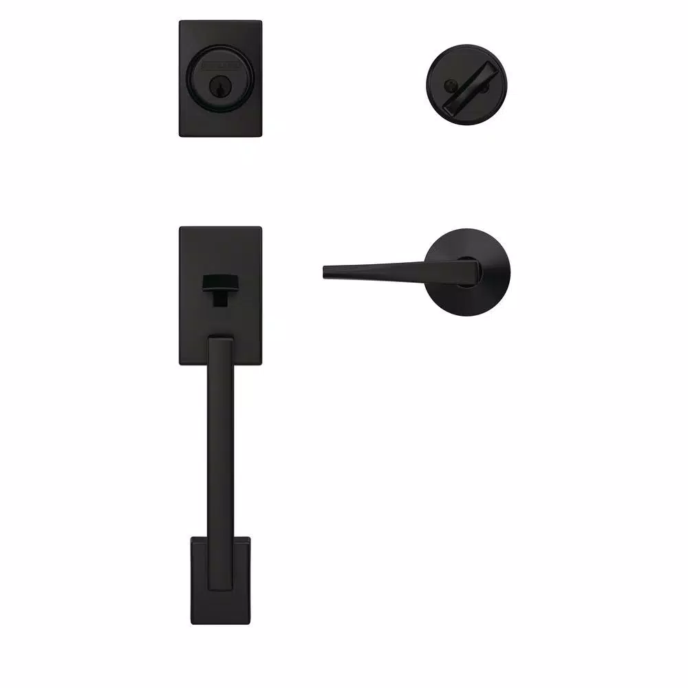Schlage Custom Century Matte Black Single Cylinder Handleset with Eller Lever and Kinsley Trim