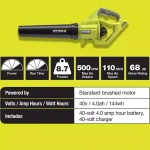 RYOBI 40V MAX Cordless Jet Fan Leaf Blower Kit, 500 CFM, 110 MPH, with 4 Ah Battery and Charger thumbnail 3
