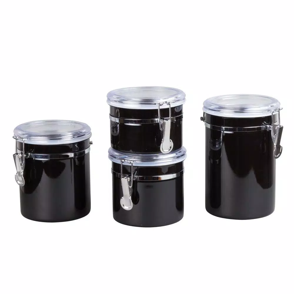 Creative Home 4-Piece Black Stainless Steel Canister Set with Airtight Locking Clamp Lids
