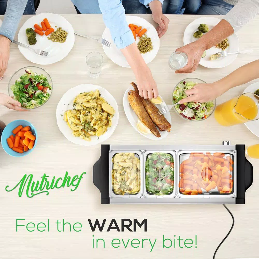 NutriChef 27.6 in. 3-Burner Stainless Steel Electric Buffet Server Food Warming Tray