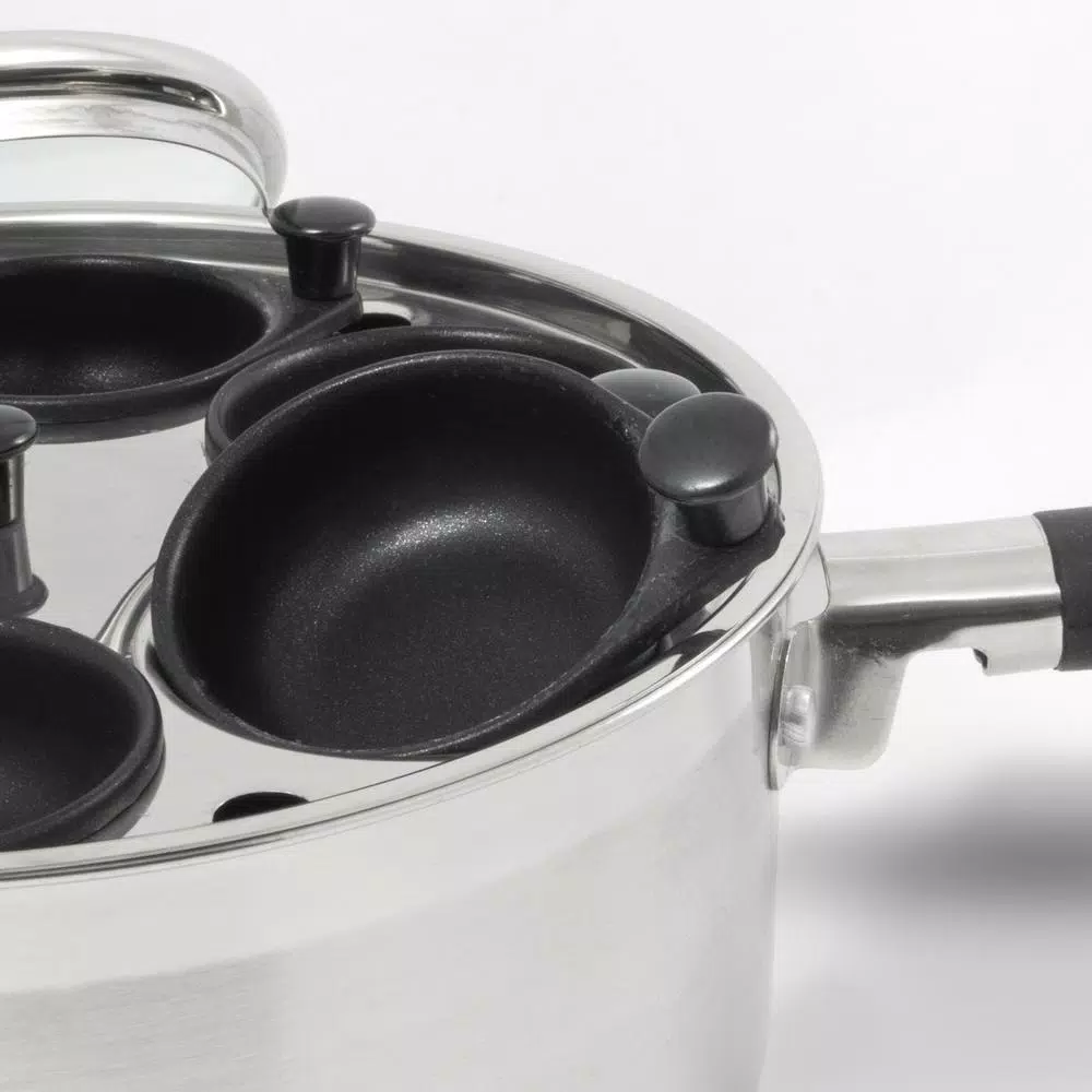 ExcelSteel Professional 6-Cup Stainless Steel Egg Poacher Set with Non-Stick Cups and Silicone Spatula
