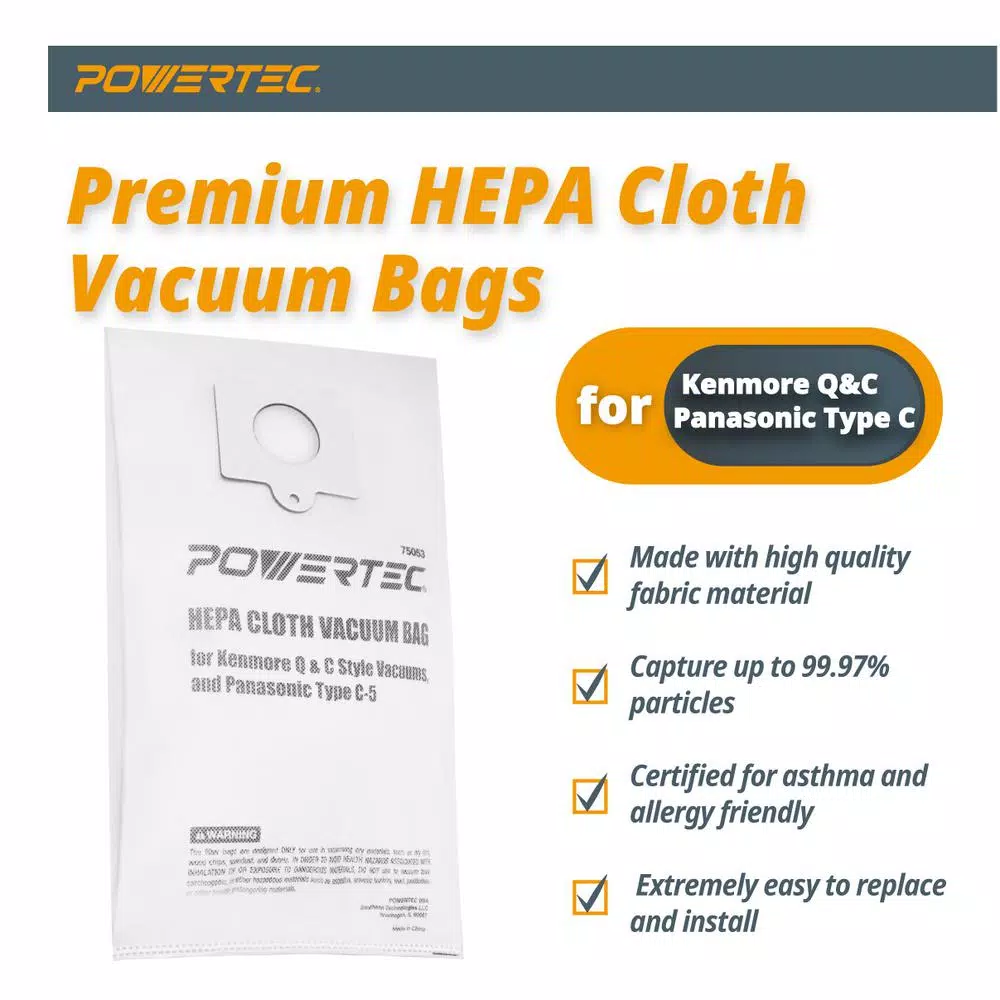 POWERTEC HEPA Cloth Vacuum Bag Replacement for Kenmore Q & C Style and Panasonic C-5 (6-Pack)