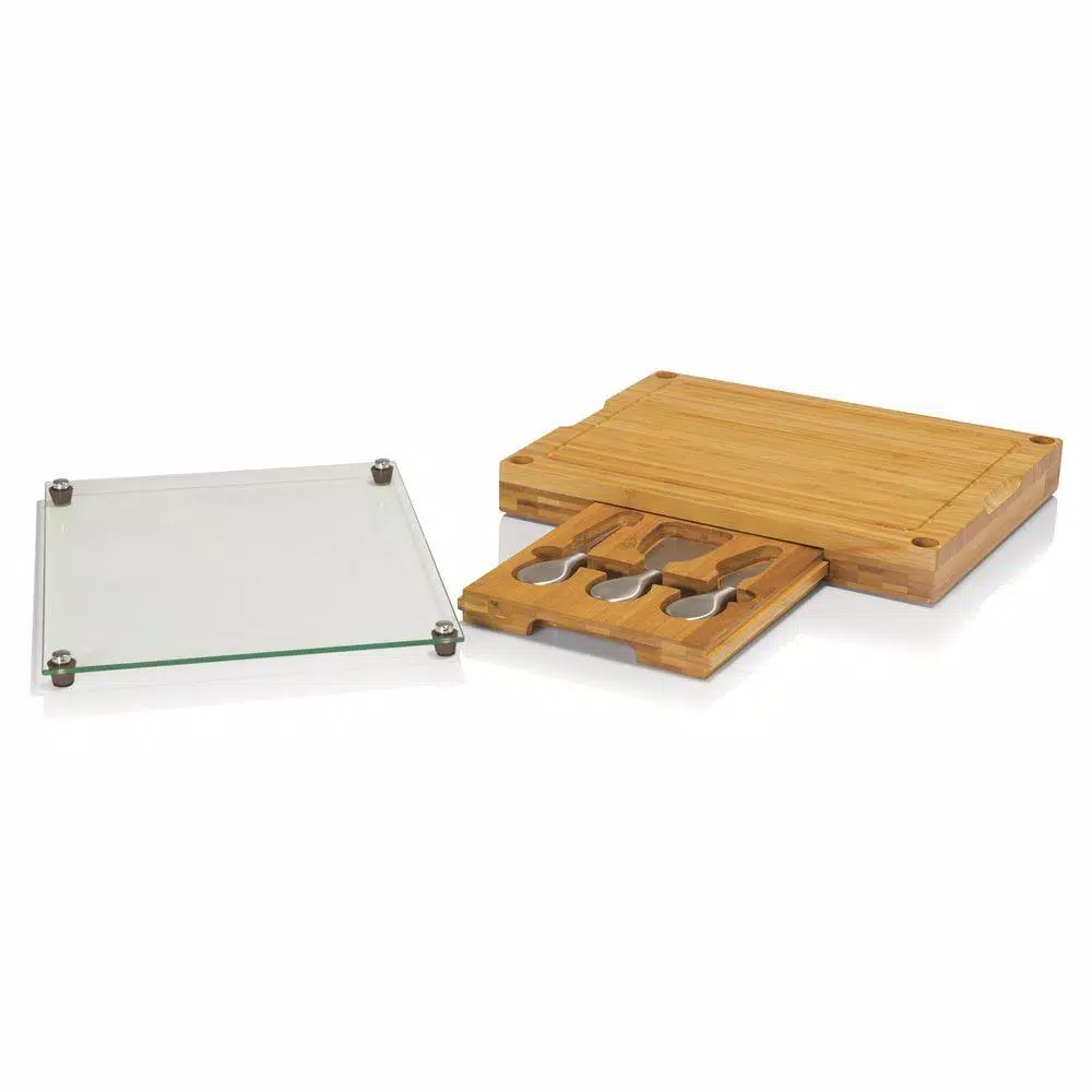 Legacy Concerto Bamboo Cutting Board and Cheese Tool Set with Tempered Glass Tray