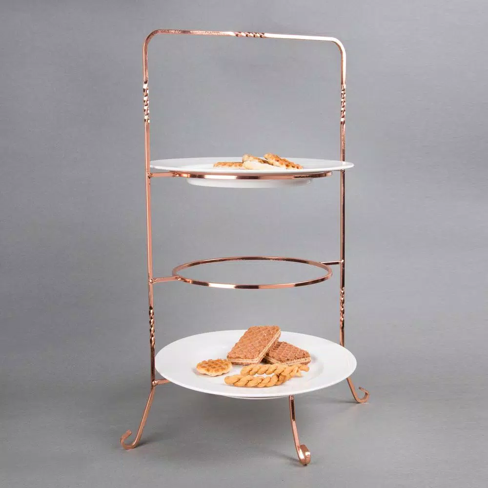 Creative Home 3-Tier Copper Plated Iron Cake & Tiered Stand, Handcrafted Serving Rack for Desserts and Fruit