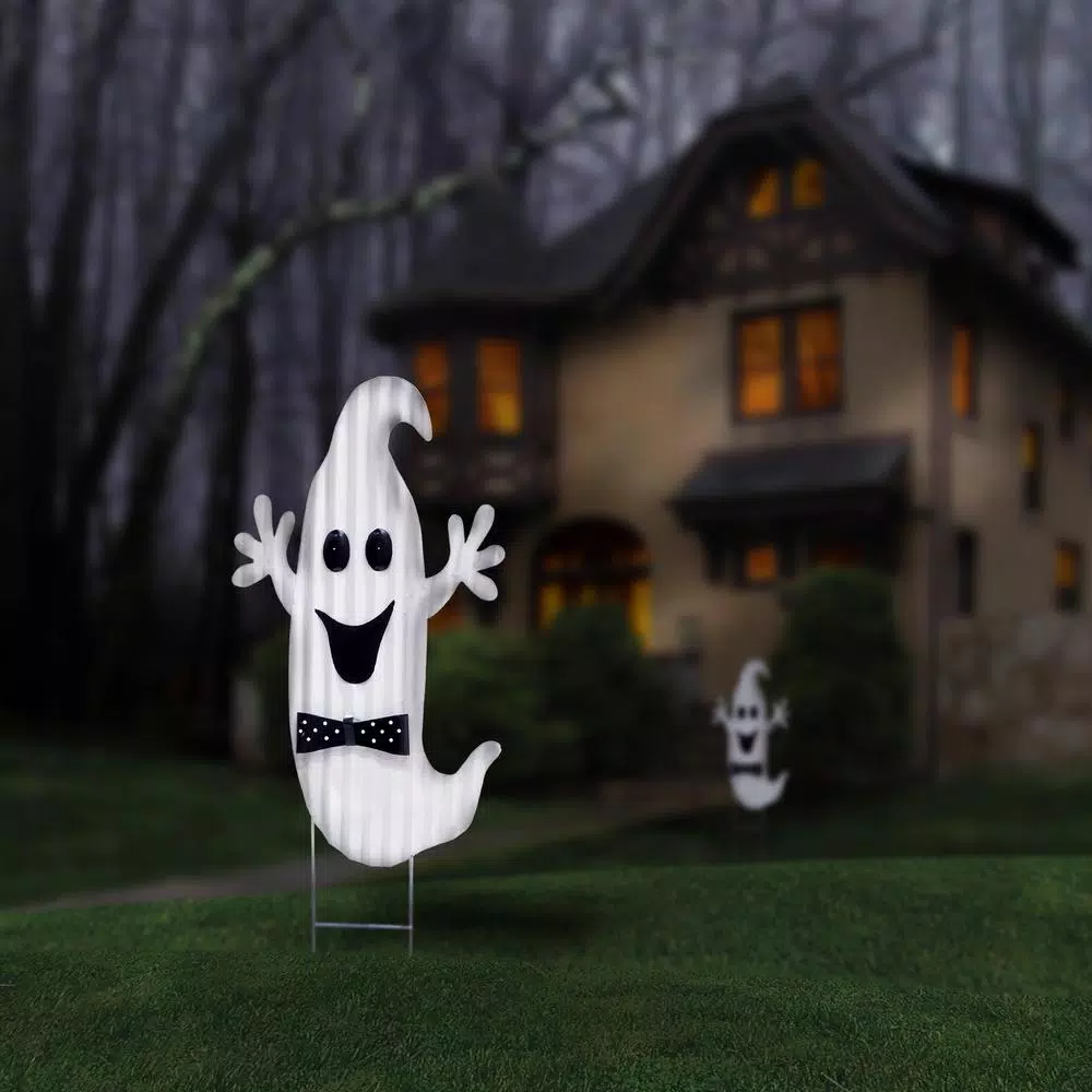 National Tree Company 33 in. Halloween Ghost Metal Sculpture with Polka Dot Bow Tie