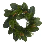 Nearly Natural 16 in. Magnolia Leaf and Mixed Pine Artificial Wreath with Pine Cones thumbnail 1