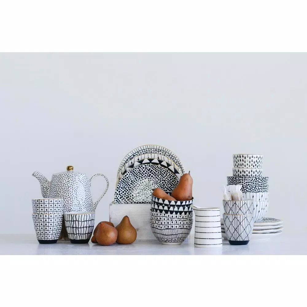 3R Studios Black and White Geometric Stoneware Salad Plates, Set of 4 with Gold Rim