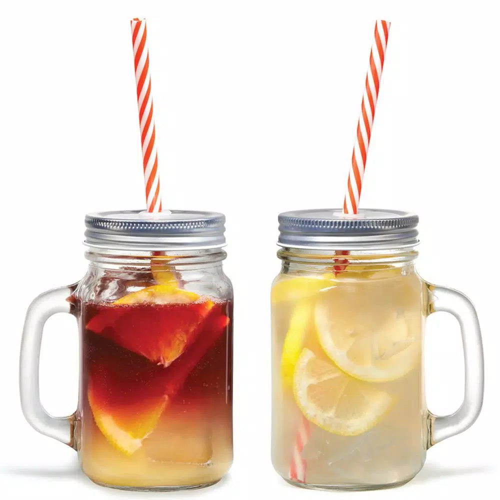 Starfrit Gourmet By Starfrit 12-Piece Glass Mason Jar Mug Set with Lids and Reusable Straws, 16 oz.