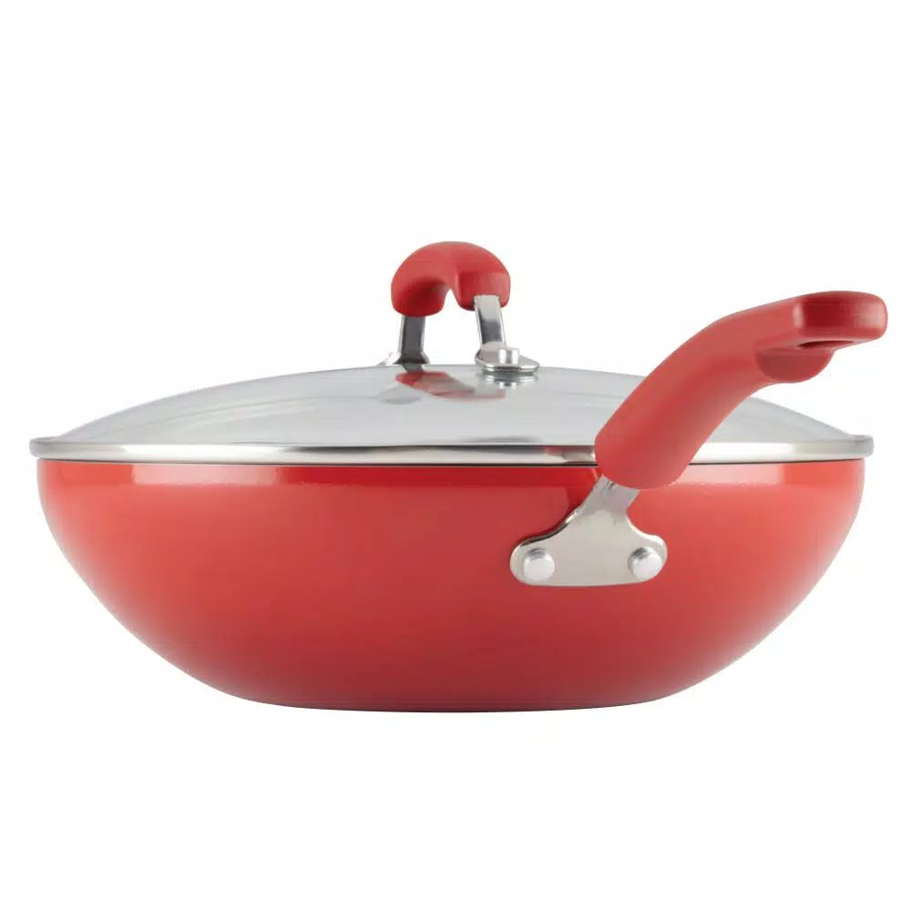 Rachael Ray Classic Brights 11 in. Aluminum Nonstick Stir Fry Pan with Glass Lid, Red Gradient