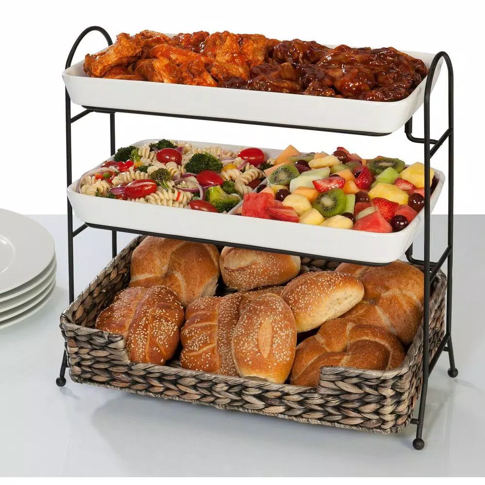 Unbranded CreativeWare Island Breeze 3-Tier Buffet Server Set with Ceramic Platters and Water Hyacinth Basket