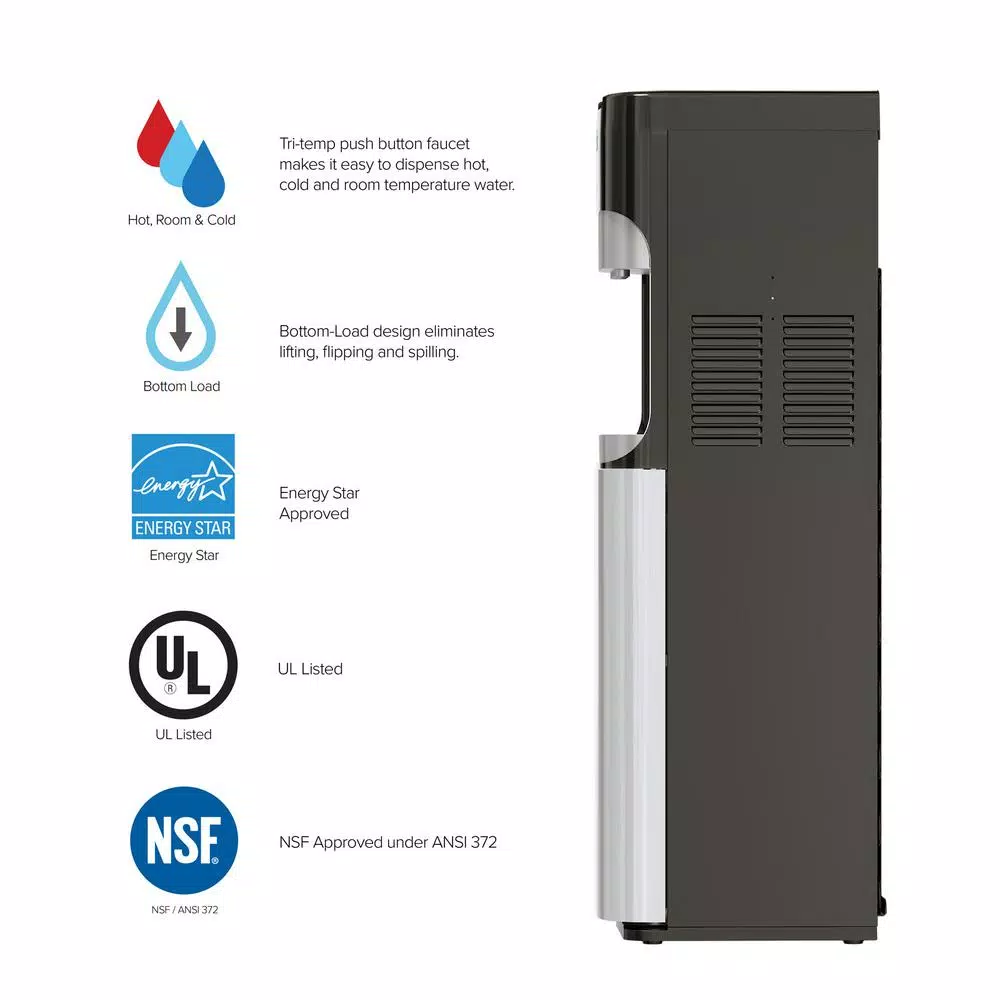 Brio Essential Series Bottom Loading Water Dispenser, Tri-Temp Hot/Cold/Room Temp, Black & Stainless Steel
