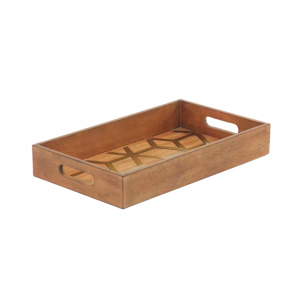 LITTON LANE Rustic Brown Wood Decorative Trays with Gold Geometric Patterns, Set of 2