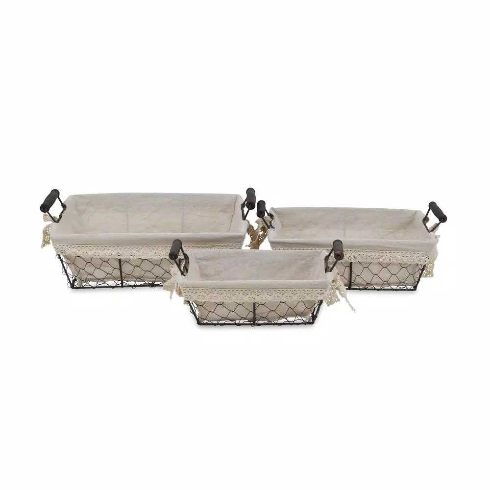 Cheungs Beige Metal Wire Decorative Tray Set of 3 with Fabric Liners - Farmhouse Style