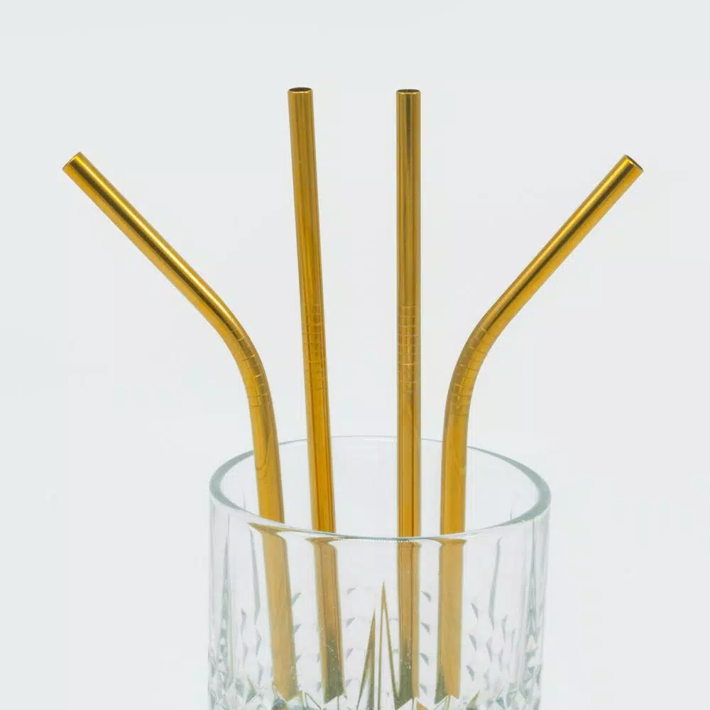 ExcelSteel 10-Piece Gold Stainless Steel Reusable Straw Set with Cleaning Brushes