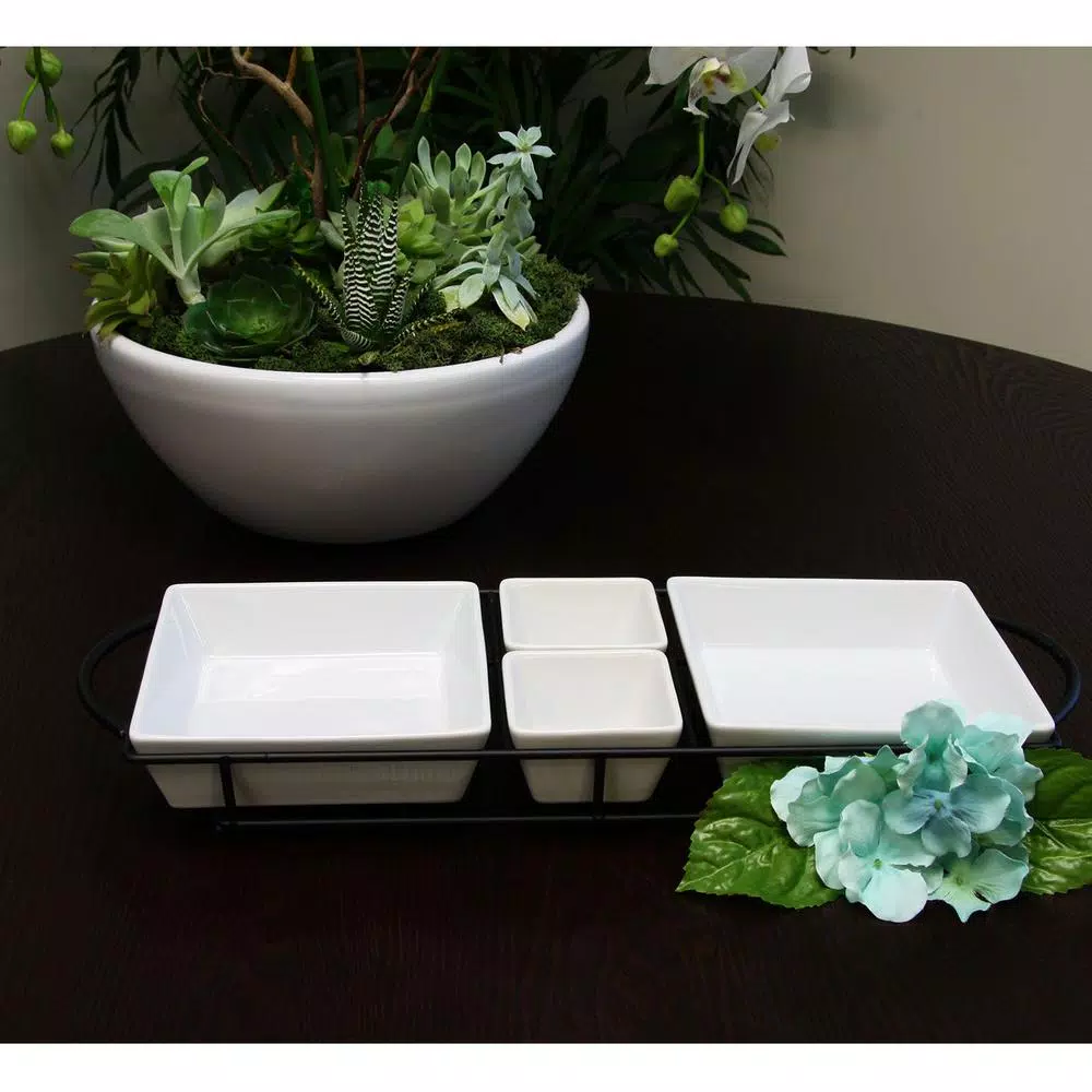 Gibson Gracious Dining 5-Piece White Porcelain Serving Set with Metal Rack