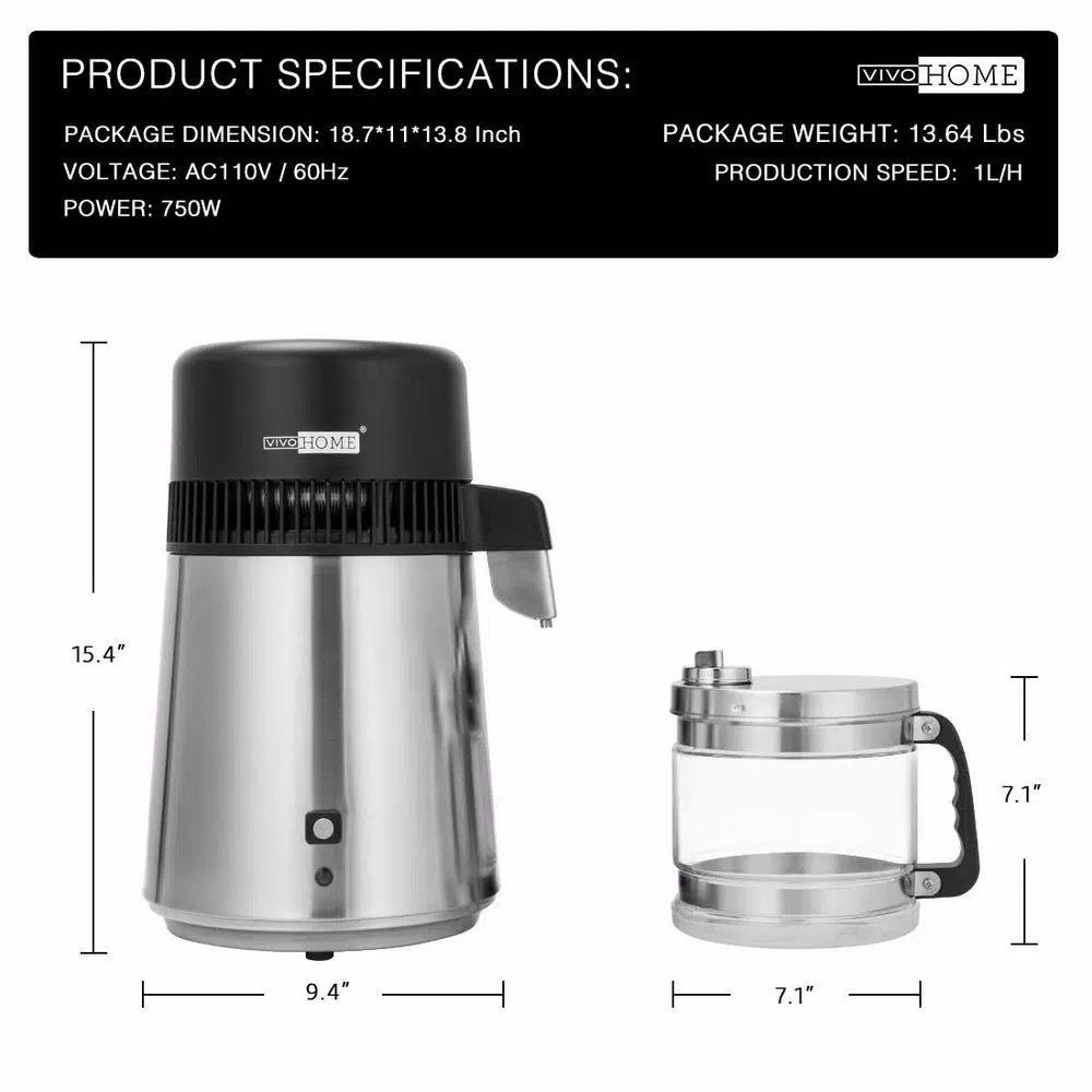 VIVOHOME 16-Cup Water Distiller Machine, 304 Stainless Steel Purifier with Carbon Filter
