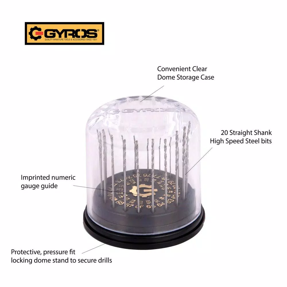 Gyros High Speed Steel Wire Gauge Drill Bit Dome Set, #61 - #80, 20-Piece
