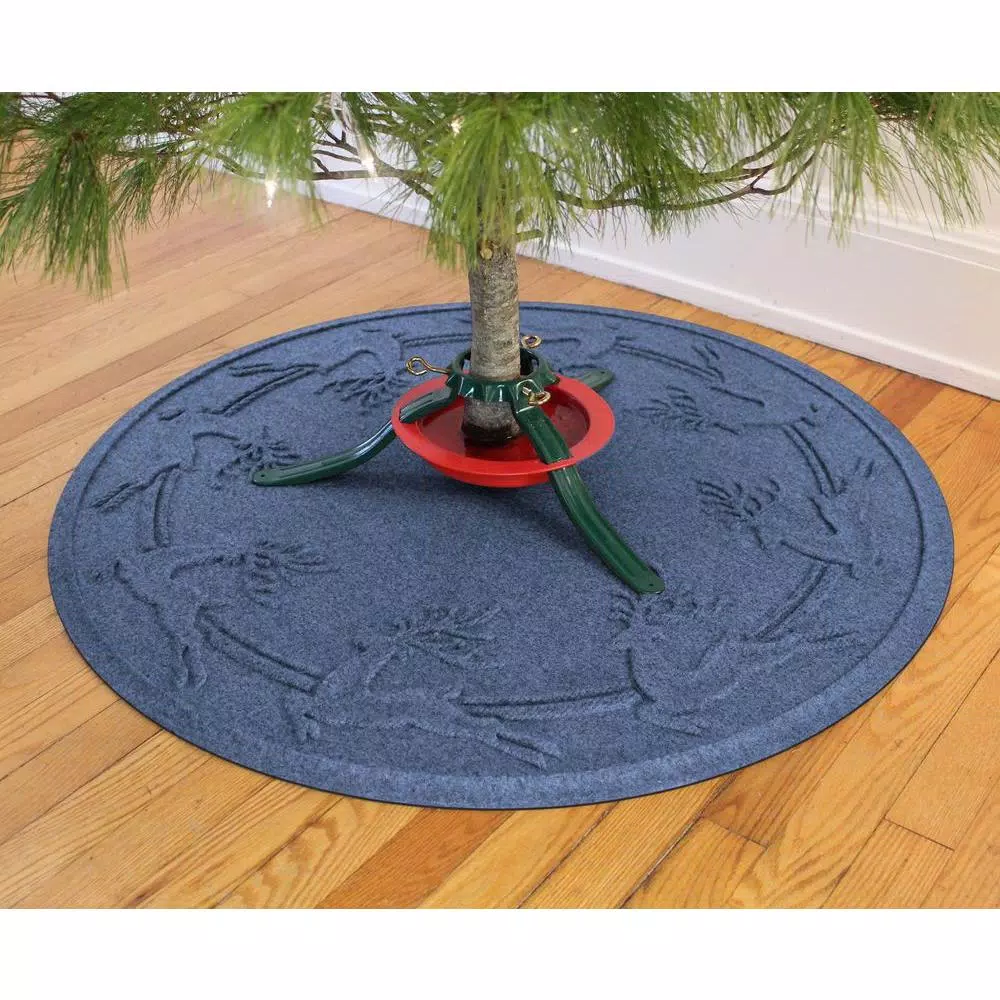 Bungalow Flooring Aqua Shield WaterHog 35 in. Round Reindeer Run Christmas Tree Mat, Navy Blue