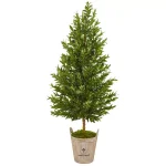 Nearly Natural 5-Ft. Artificial Olive Cone Topiary Tree in Farmhouse Wood Planter thumbnail 1