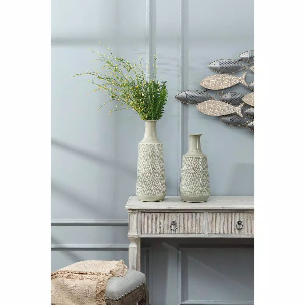 Winsome House 2-Piece Green-Gray Metal Damask Urn Vase Set