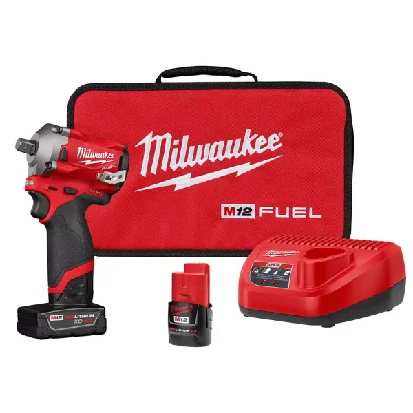 Milwaukee M12 FUEL 1/2 in. Stubby Brushless Cordless Impact Wrench Kit with 2 Batteries and Bag