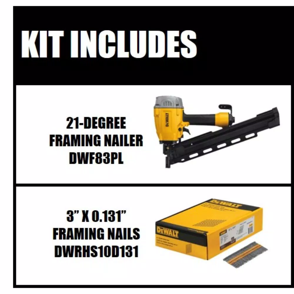 DEWALT DWHS 21-Degree Pneumatic Collated Framing Nailer with 2000-Pack Bonus 3 in. Metal Nails