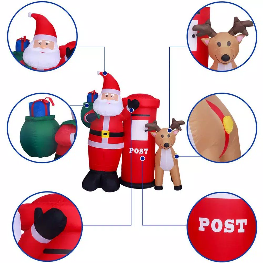 JOYDECOR 6 ft. Santa Claus with Postbox and Reindeer Christmas Inflatable with LED Lights
