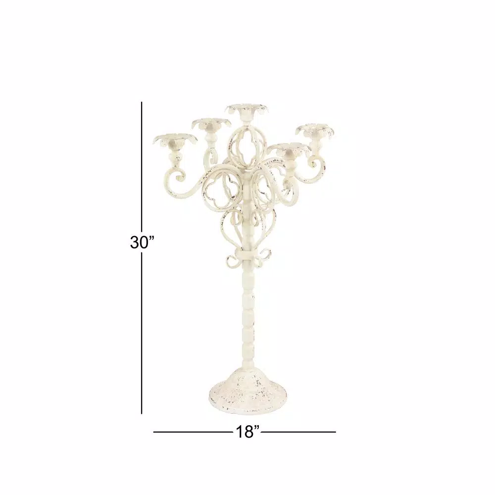 LITTON LANE Tall Vintage White Metal Candelabra with Scrolled Arms - 30 inch