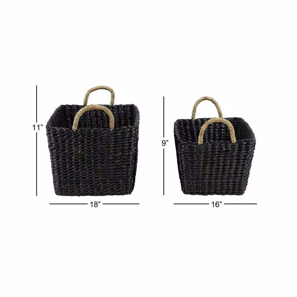 LITTON LANE Large Black Water Hyacinth Wicker Baskets with Banana Leaf Handles, Set of 2