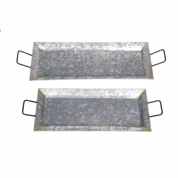 Benzara Silver Galvanized Metal Decorative Trays, Set of 2, Rectangular with Fluted Edges