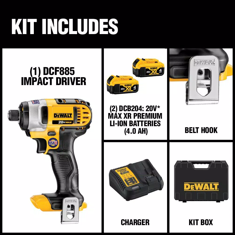 DEWALT 20V MAX Cordless 1/4 in. Impact Driver Kit with (2) 4.0 Ah Batteries, Charger & Bag