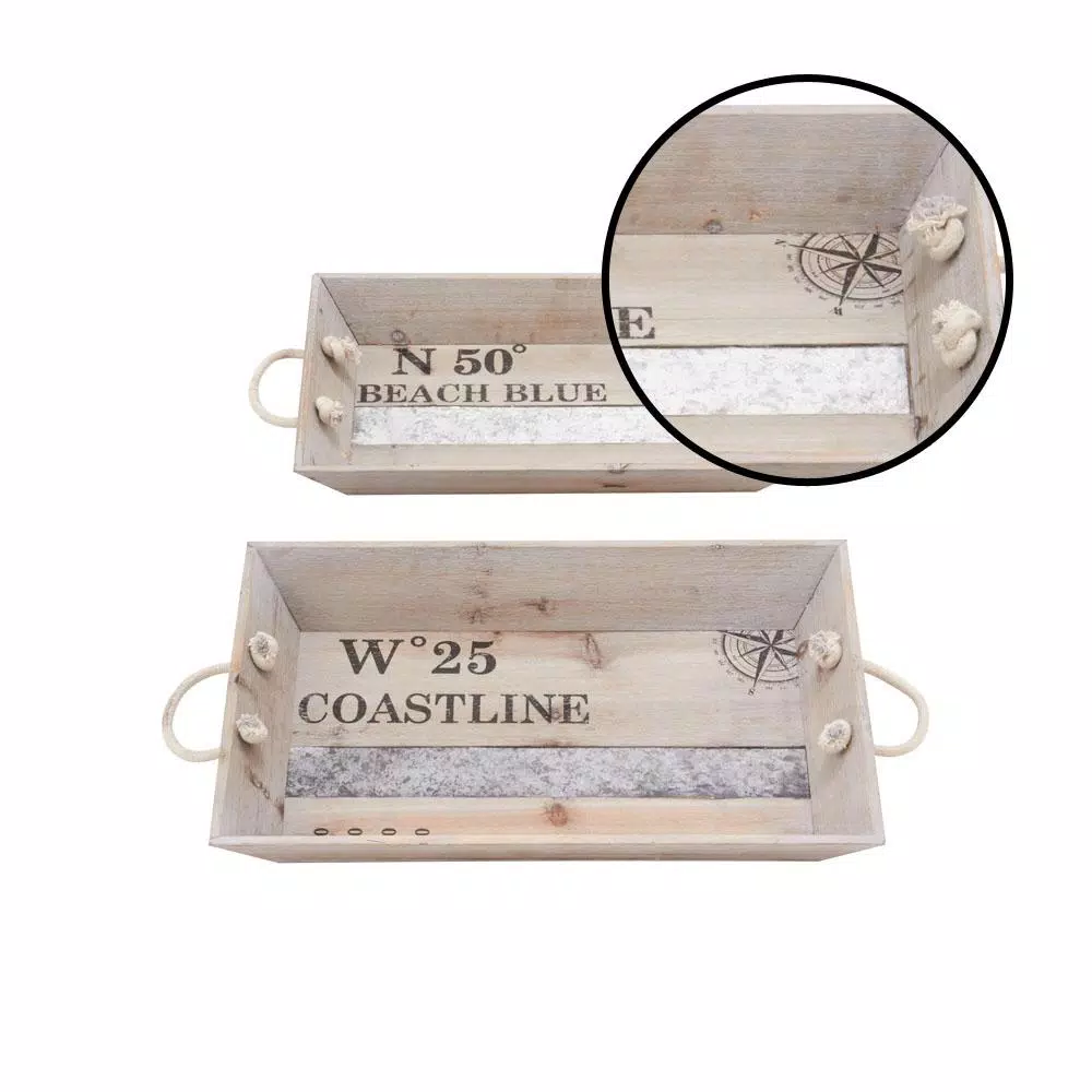 LITTON LANE Coastline Coastal Living Fir Wood and Iron Decorative Tray Set of 2