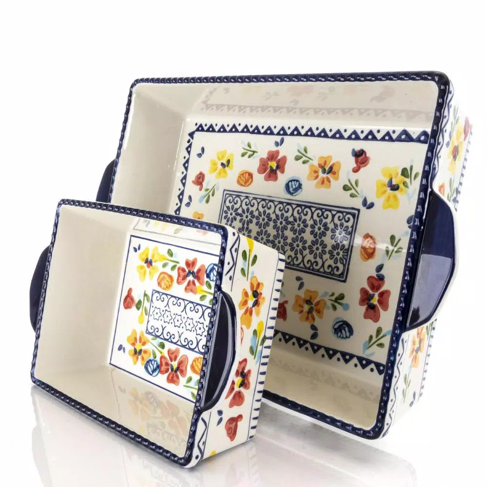 Gibson Elite Luxembourg 2-Piece Rectangular Stoneware Bakeware Set, Floral Design