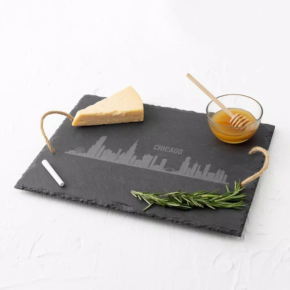 Cathy's Concepts Chicago Skyline Black Slate Serving Tray with Hemp Handles
