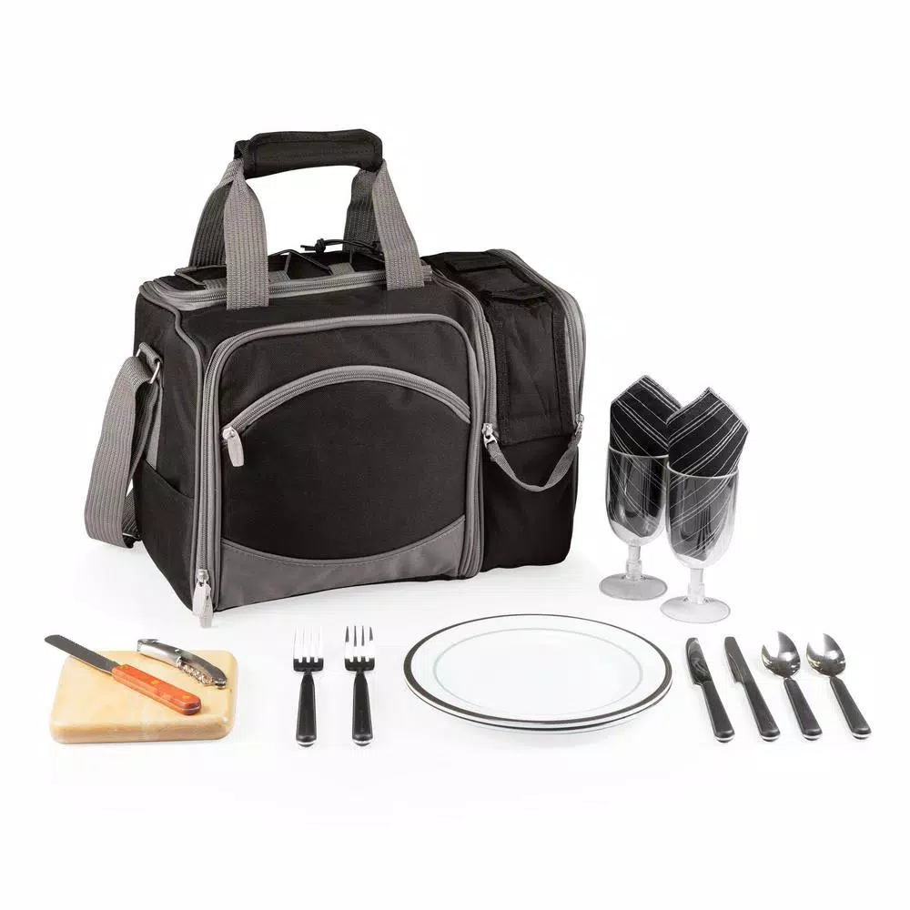 Picnic Time Malibu Black Wood Picnic Cooler Tote - Insulated Picnic Set for Two
