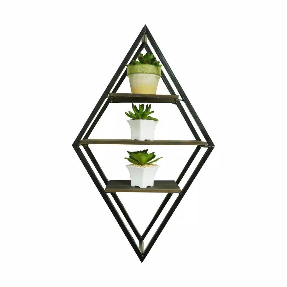Admired By Nature 3-Tier Metal Diamond Shaped Wall Mounted Display Shelf, Matte Black