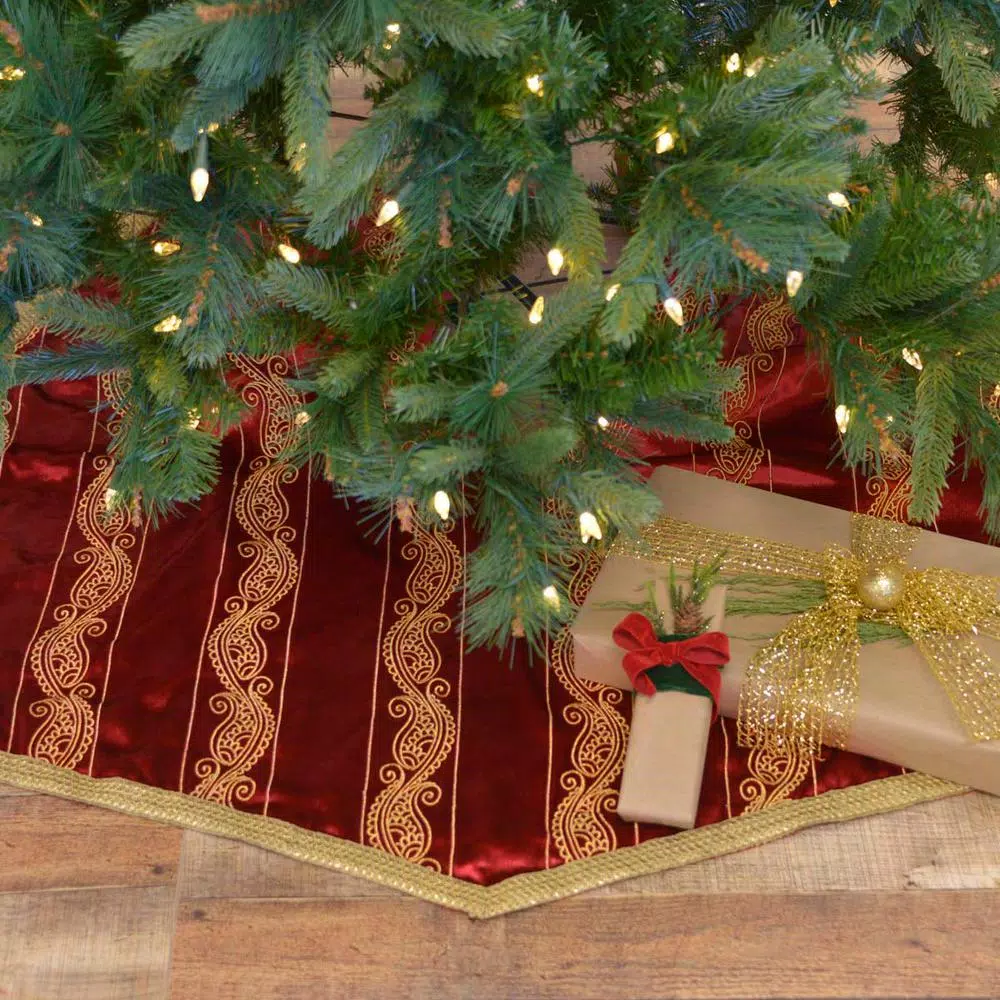 VHC Brands 55 in. Yule Christmas Red Glam Decor Tree Skirt with Gold Embroidered Paisley