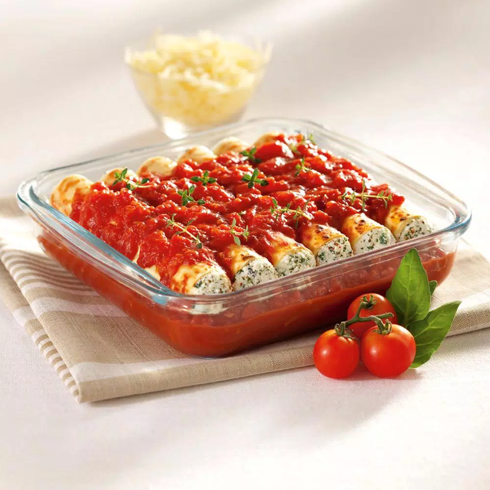 Marinex Classica 4-Piece Square Borosilicate Glass Roaster Set with Colored Plastic Lids