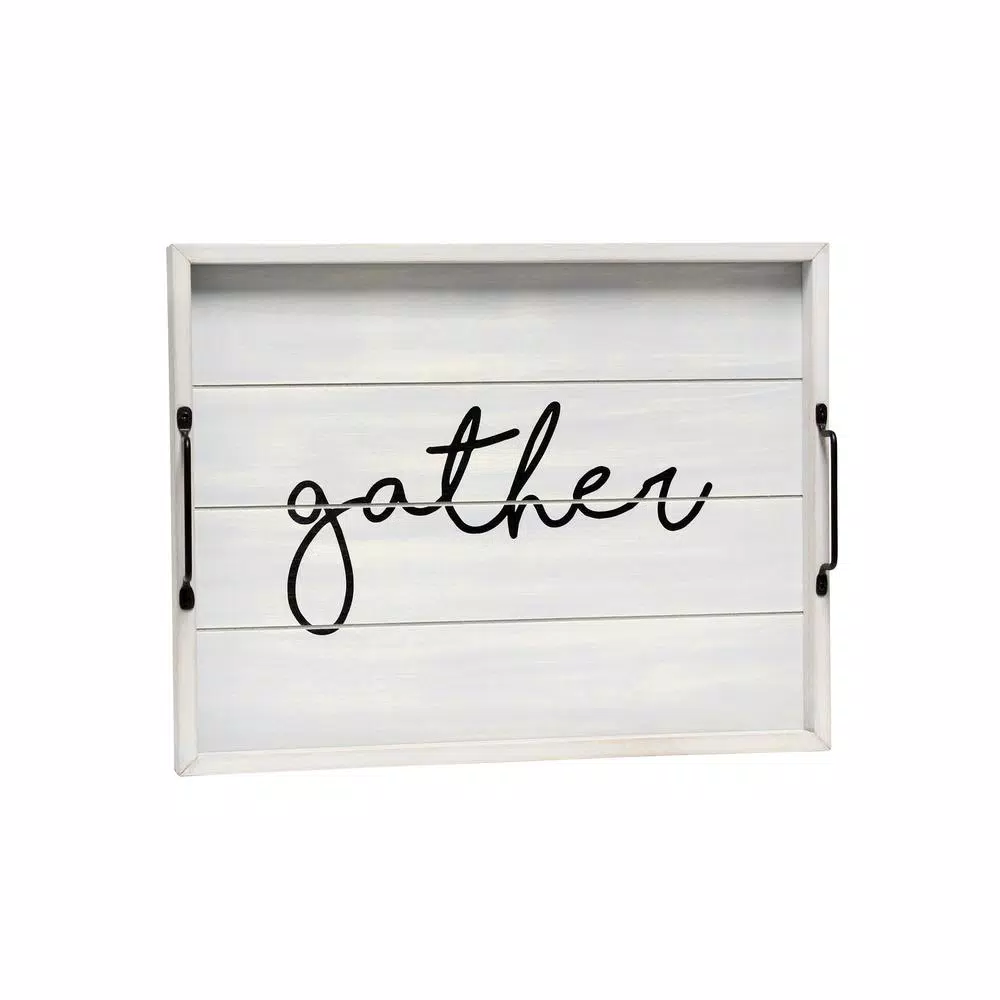 Elegant Designs Gather Gray Wash Decorative Wood Serving Tray with Black Metal Handles
