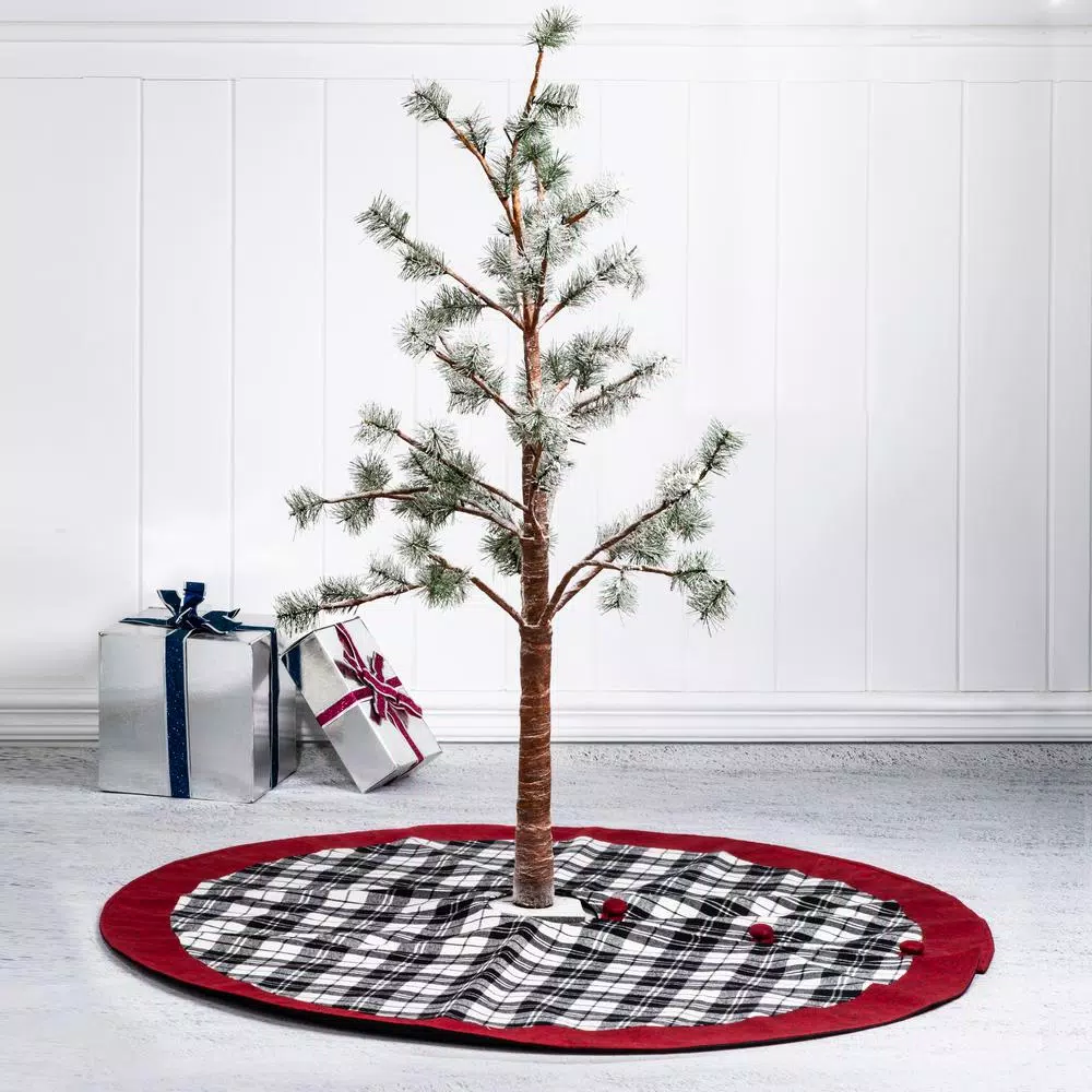 Glitzhome 48 in. Black and White Plaid Fabric Christmas Tree Skirt with Red Trim