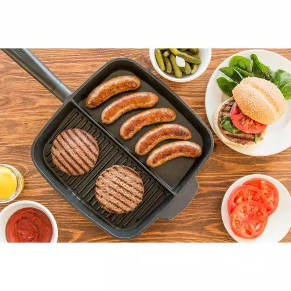 MasterPan 11 in. Cast Aluminum Nonstick Sectional Grill Pan with Split Section, Black