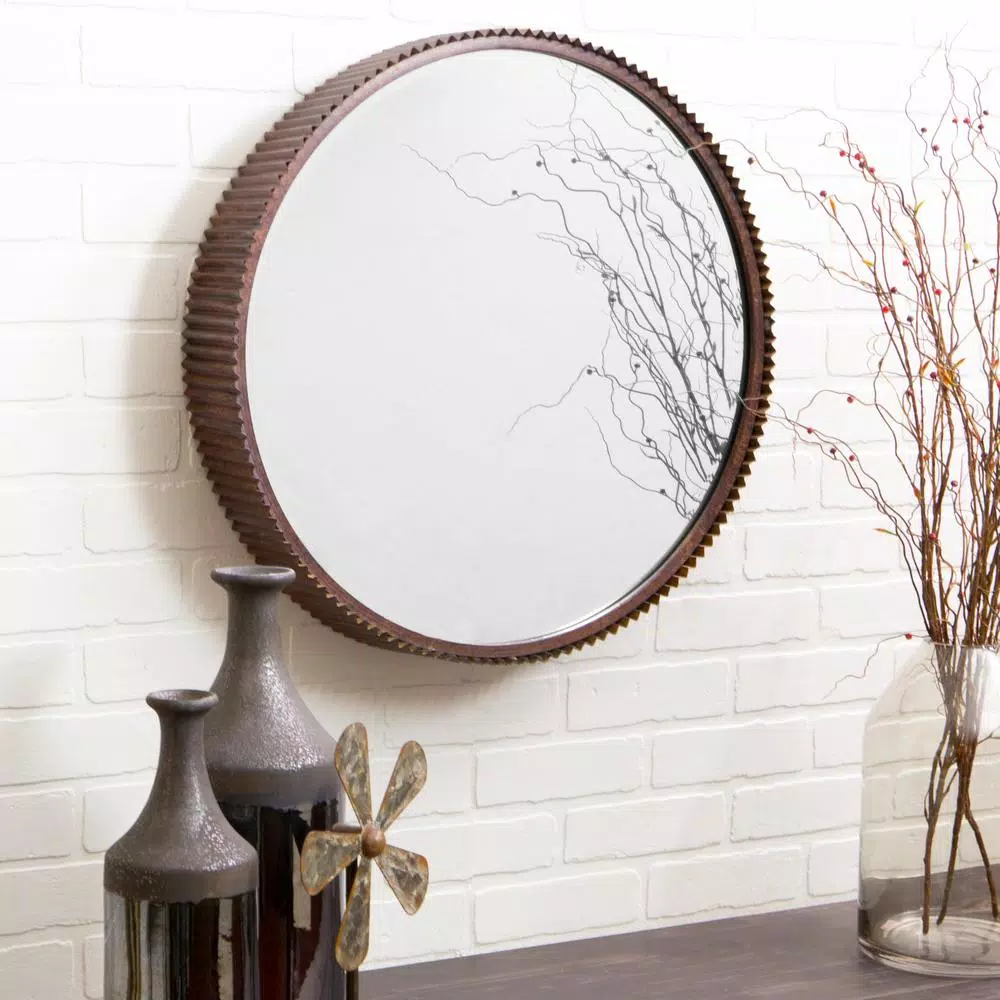 Aspire Home Accents Harrison 23 in. Round Corrugated Metal Accent Mirror with Rust Finish