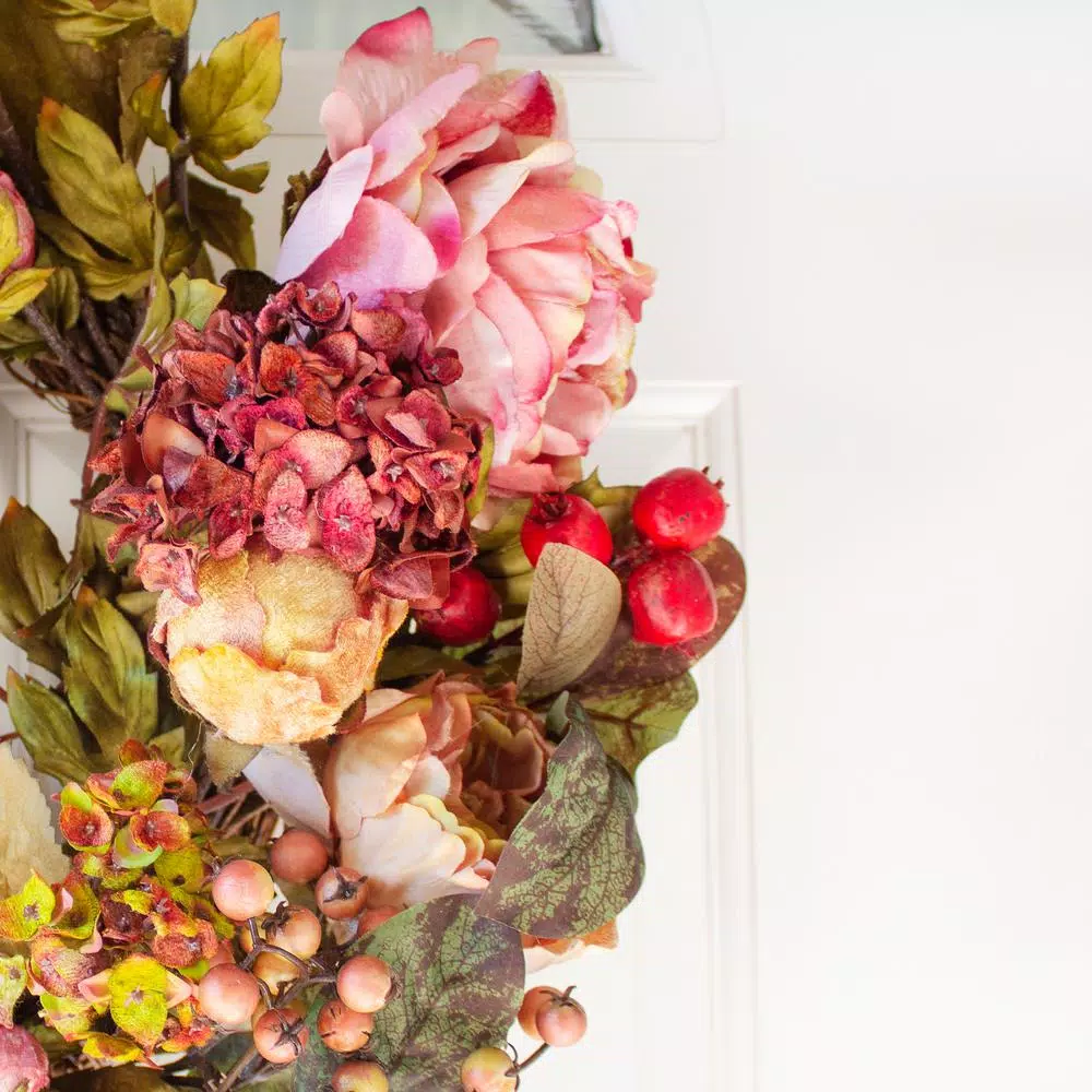 Nearly Natural 24 in. Red Peony Hydrangea Wreath with Berries and Greenery
