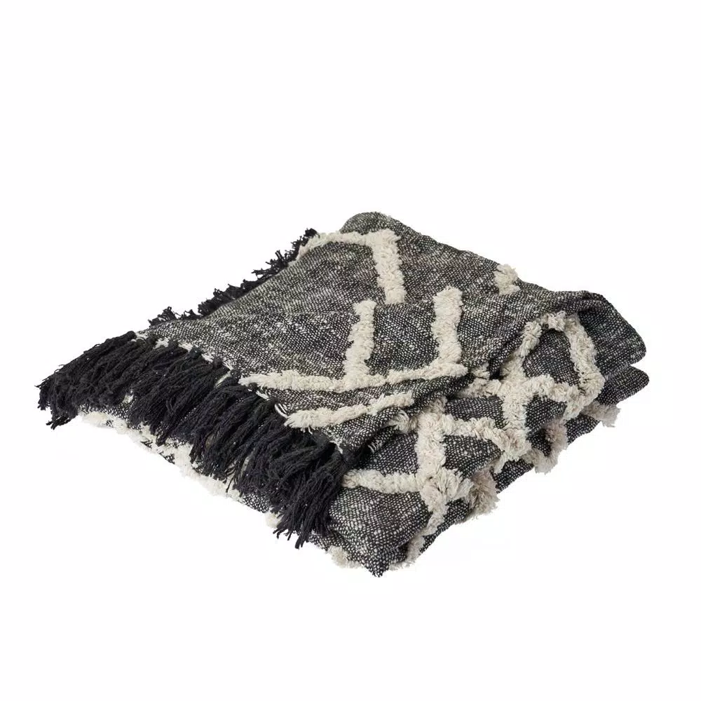LR Home Contemporary Black and White Geometric Tufted Cotton Throw Blanket