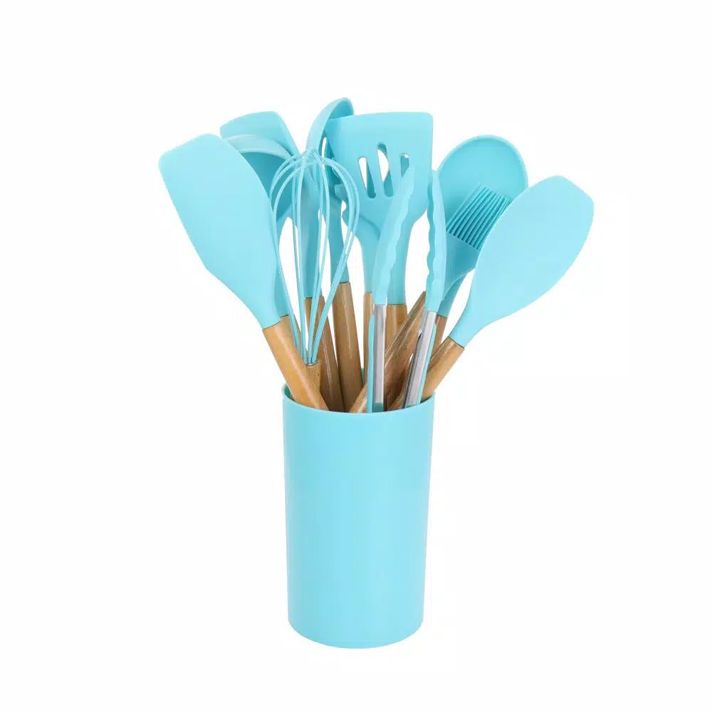 MegaChef 12-Piece Light Teal Silicone and Wood Kitchen Utensil Set