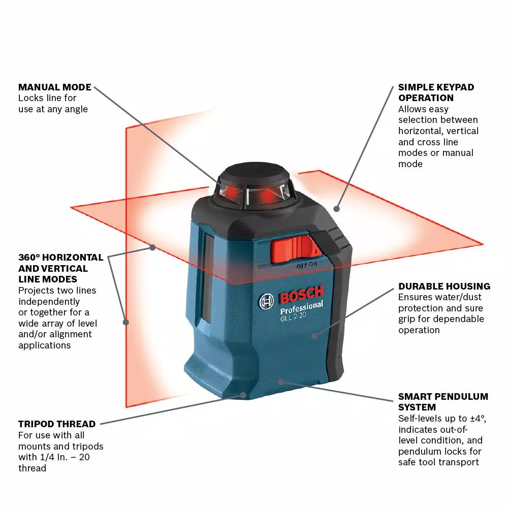 Bosch Factory Reconditioned GLL 2-20 S 360° Horizontal Cross Line Laser Level Kit, 65 ft.