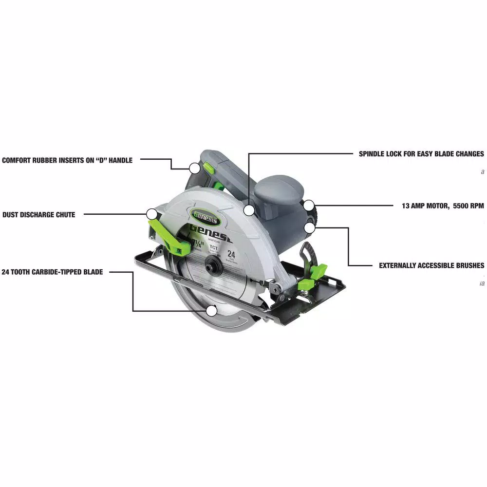 Genesis 7-1/4 in. 13 Amp Corded Circular Saw with Metal Lower Guard and Rip Guide