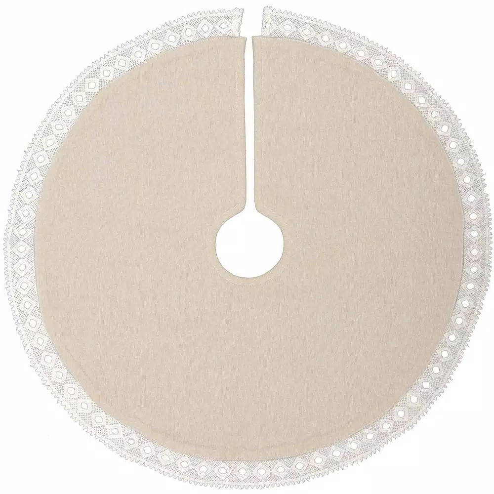 VHC Brands 21 in. Grey Margot Farmhouse Christmas Tree Skirt with Diamond Cut Lace